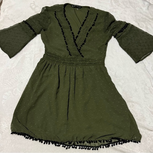 Zara Green Wrap Mini Dress with Ruffled Bishop Sleeves - Picture 3 of 9